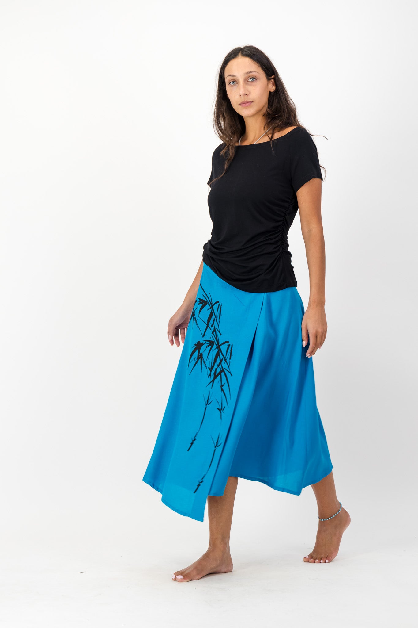 Turquoise Wrap Skirt, Bamboo Print, Asymmetrical Hemline
