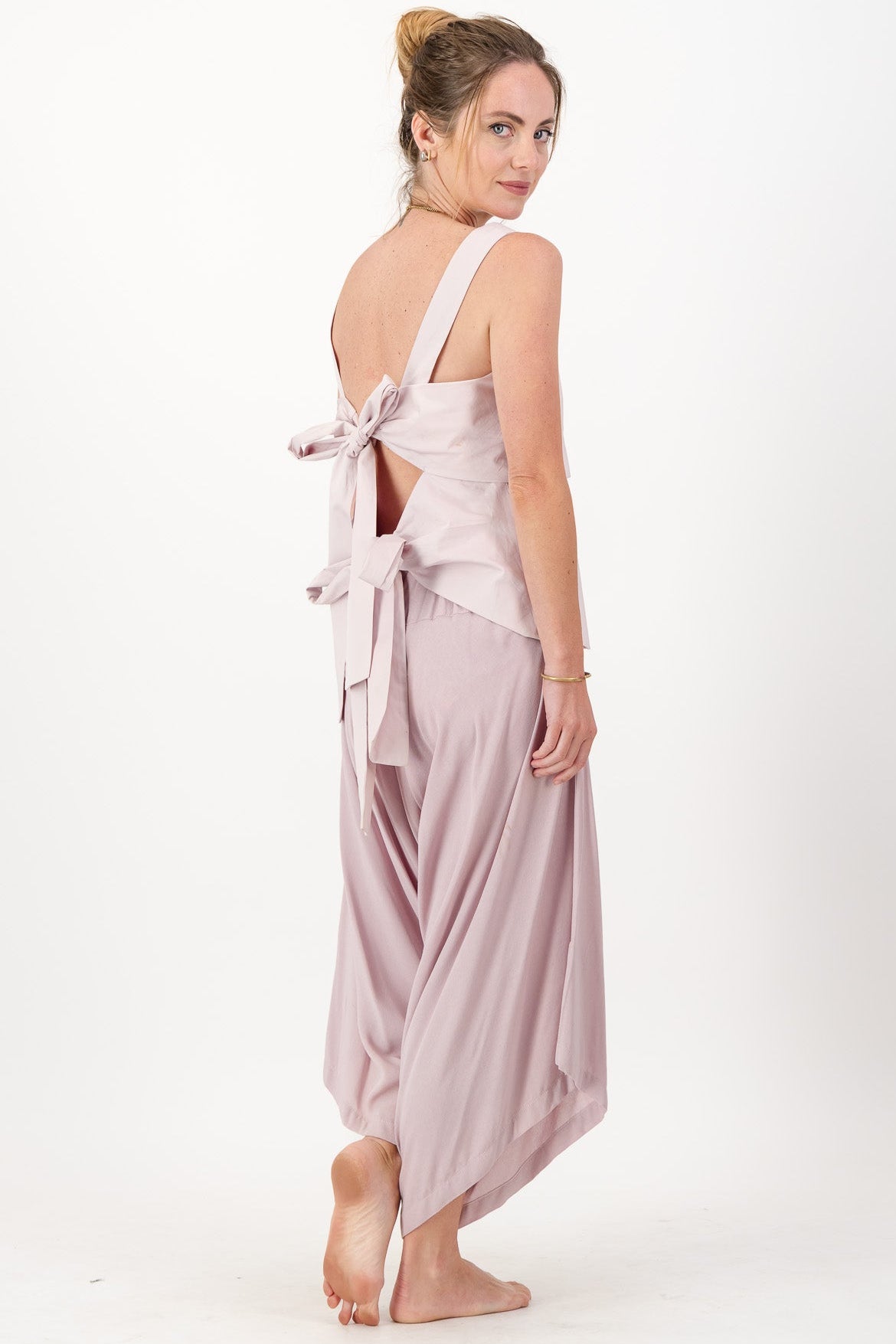 Harem Pants, Flat Front, Elasticated Back, Side Tab with Button