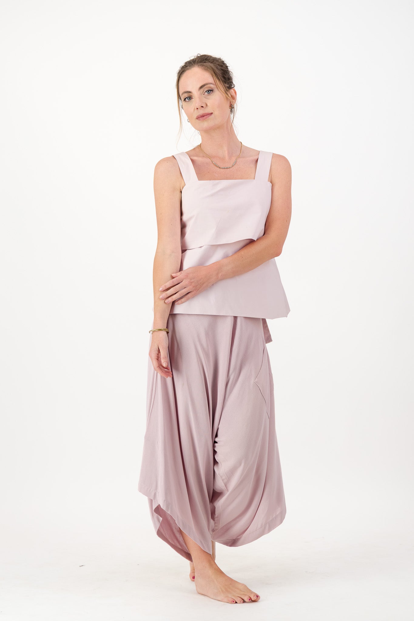 Harem Pants, Flat Front, Elasticated Back, Side Tab with Button