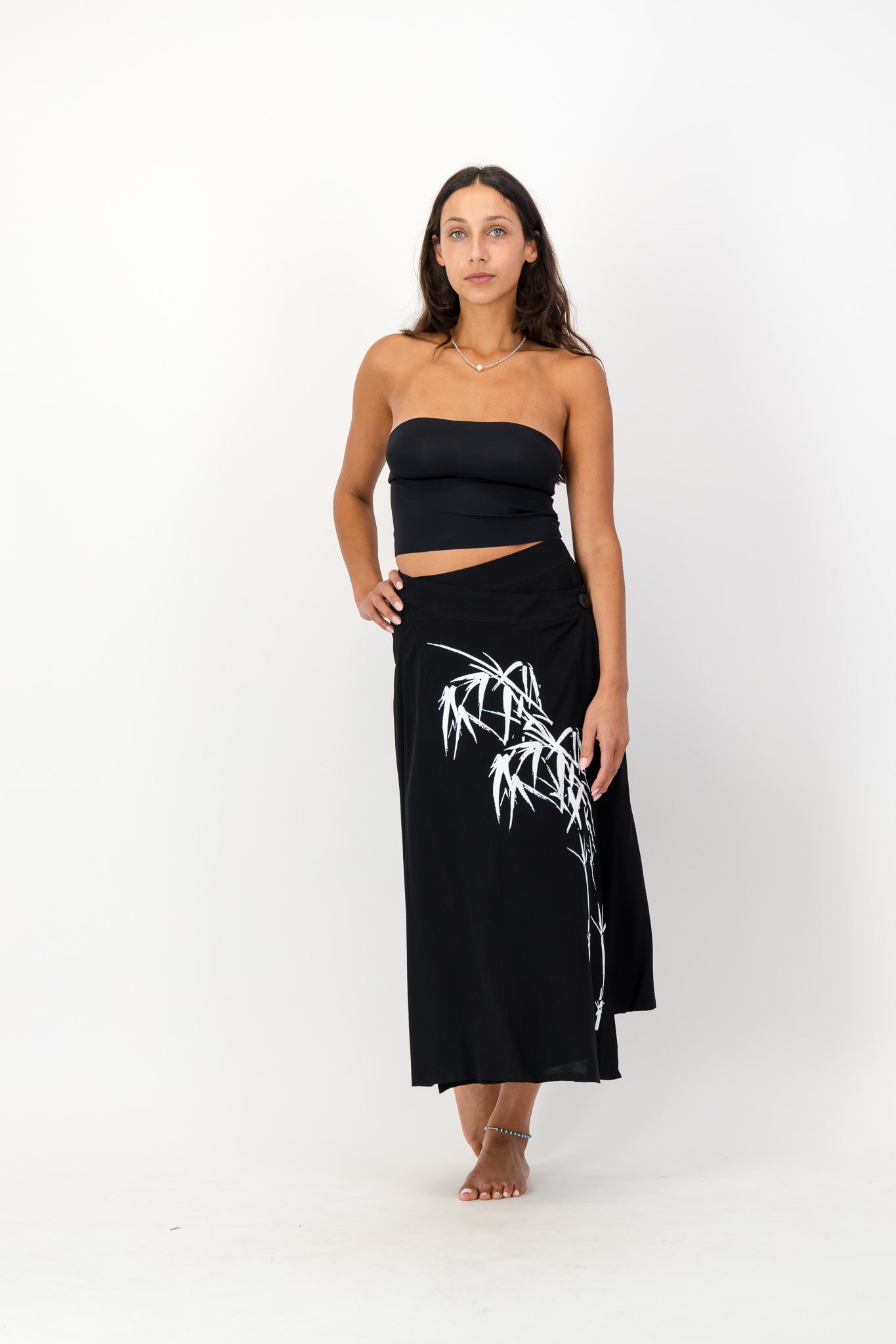 Black Wrap Skirt with Asymmetrical Hemline and Bamboo Print