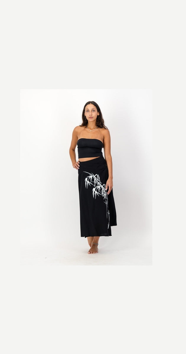 S010 Black Wrap Skirt, Bamboo Print
