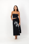 Black Wrap Skirt, Bamboo Print, Asymmetrical Hemline