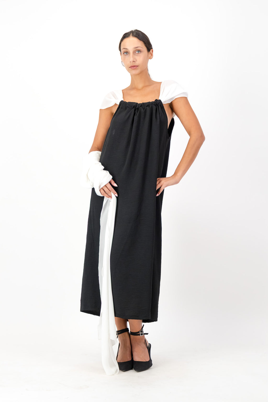 Black Dress with White Drawsting Cutaway Neckline