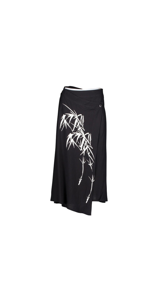 S010 Black Wrap Skirt, Bamboo Print
