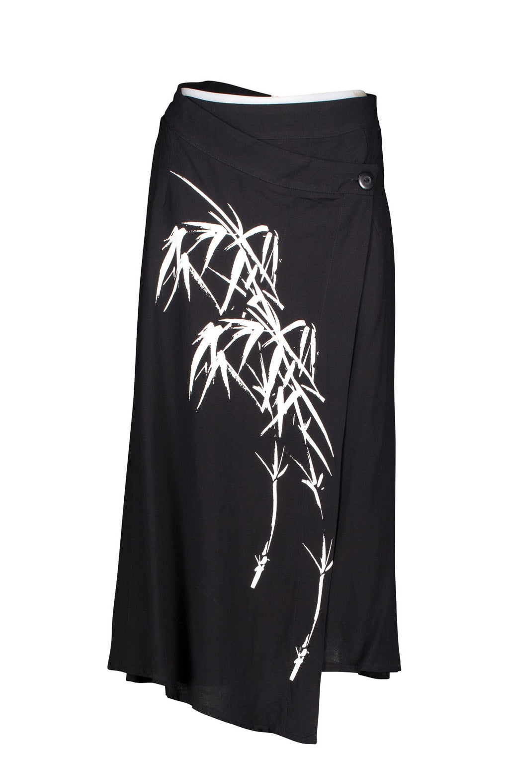 Black Wrap Skirt with Asymmetrical Hemline and Bamboo Print