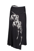 Black Wrap Skirt with Asymmetrical Hemline and Bamboo Print