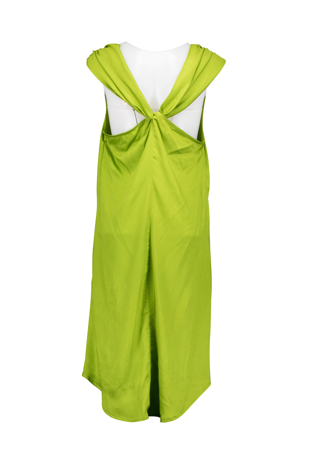 Apple Green Flared Silky Dress with V Back and Hi-Low Hemline