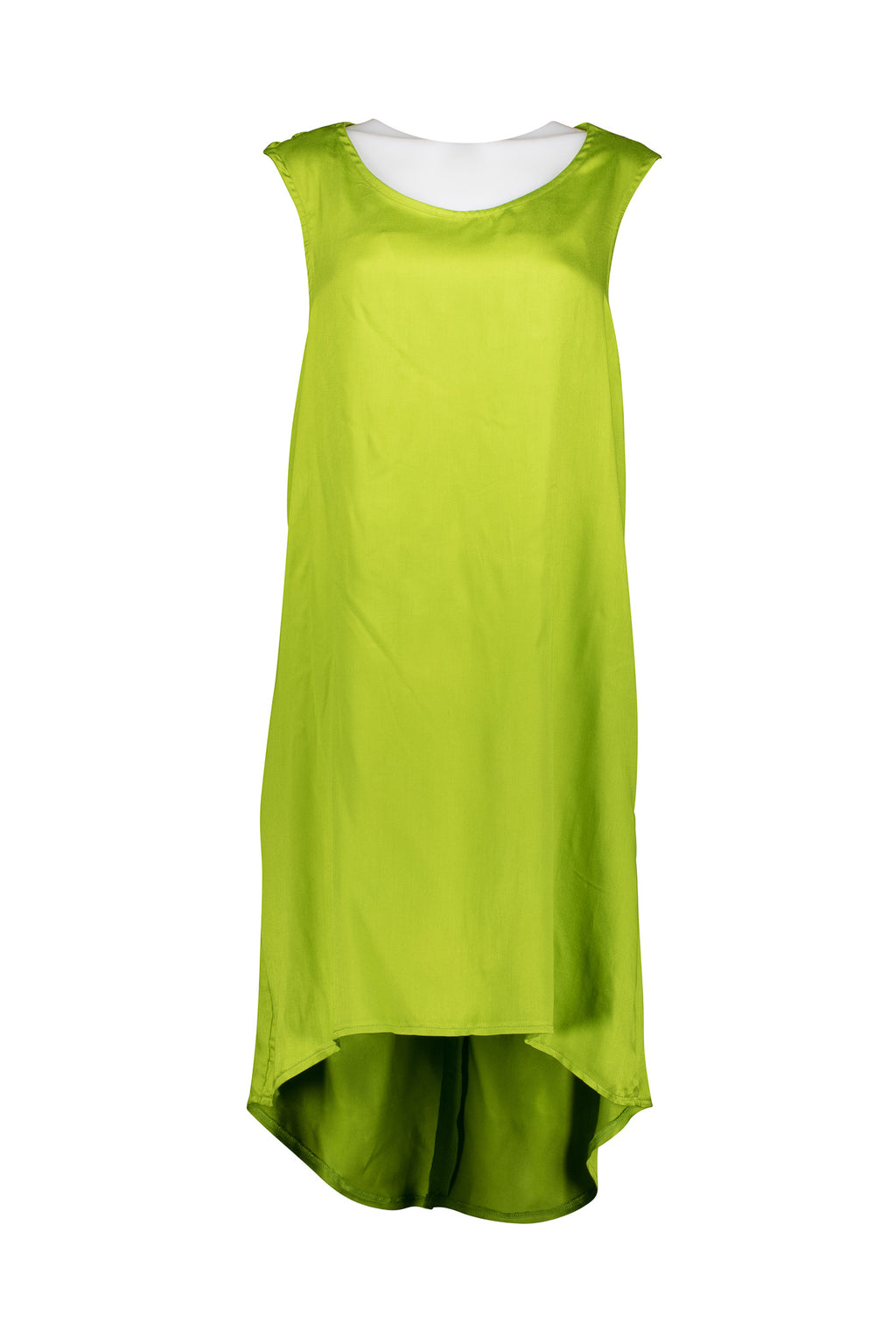 Apple Green Flared Silky Dress with V Back and Hi-Low Hemline