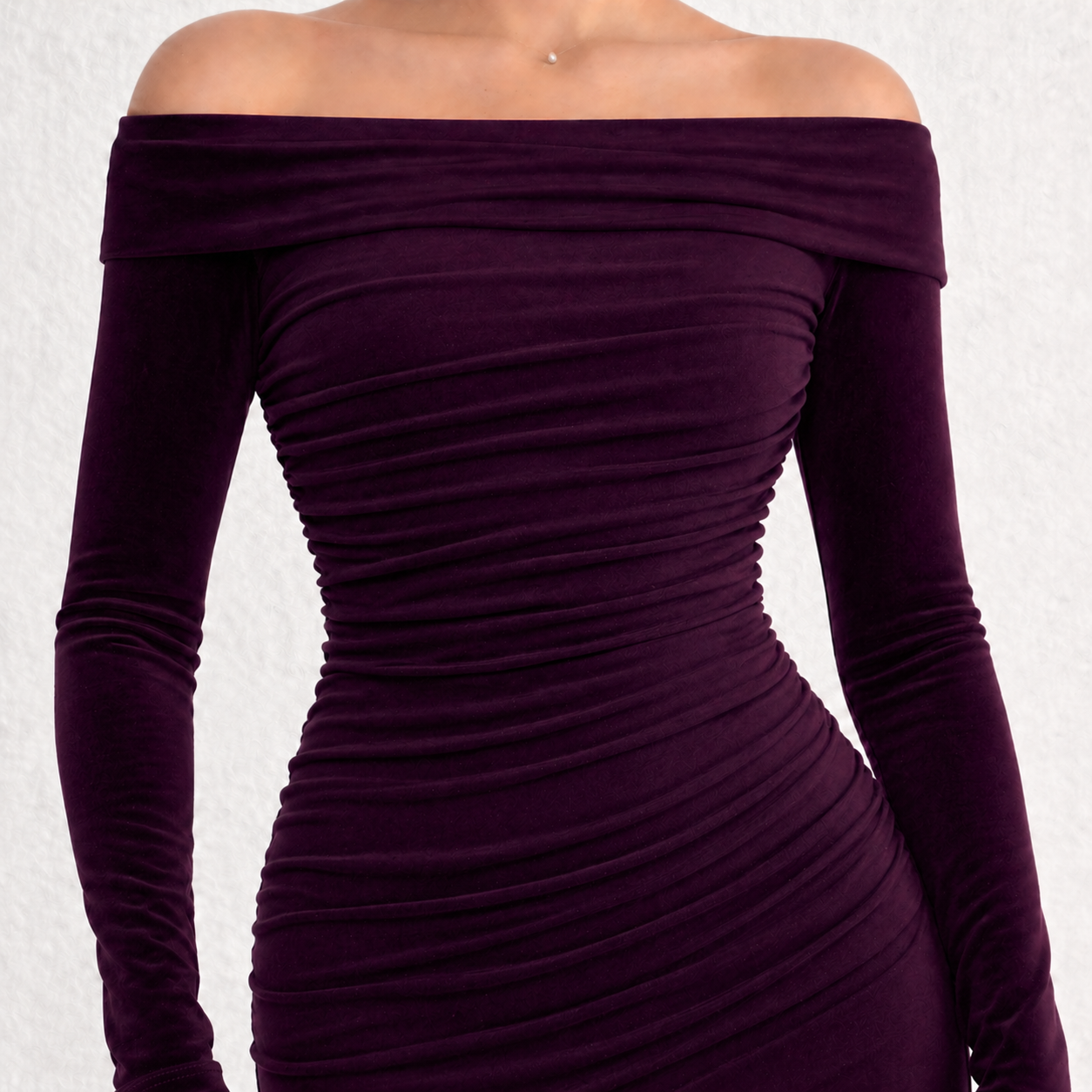 910 Burgundy Velvet Top, Soft Gathered Neckline Off Shoulder, Side Gauging